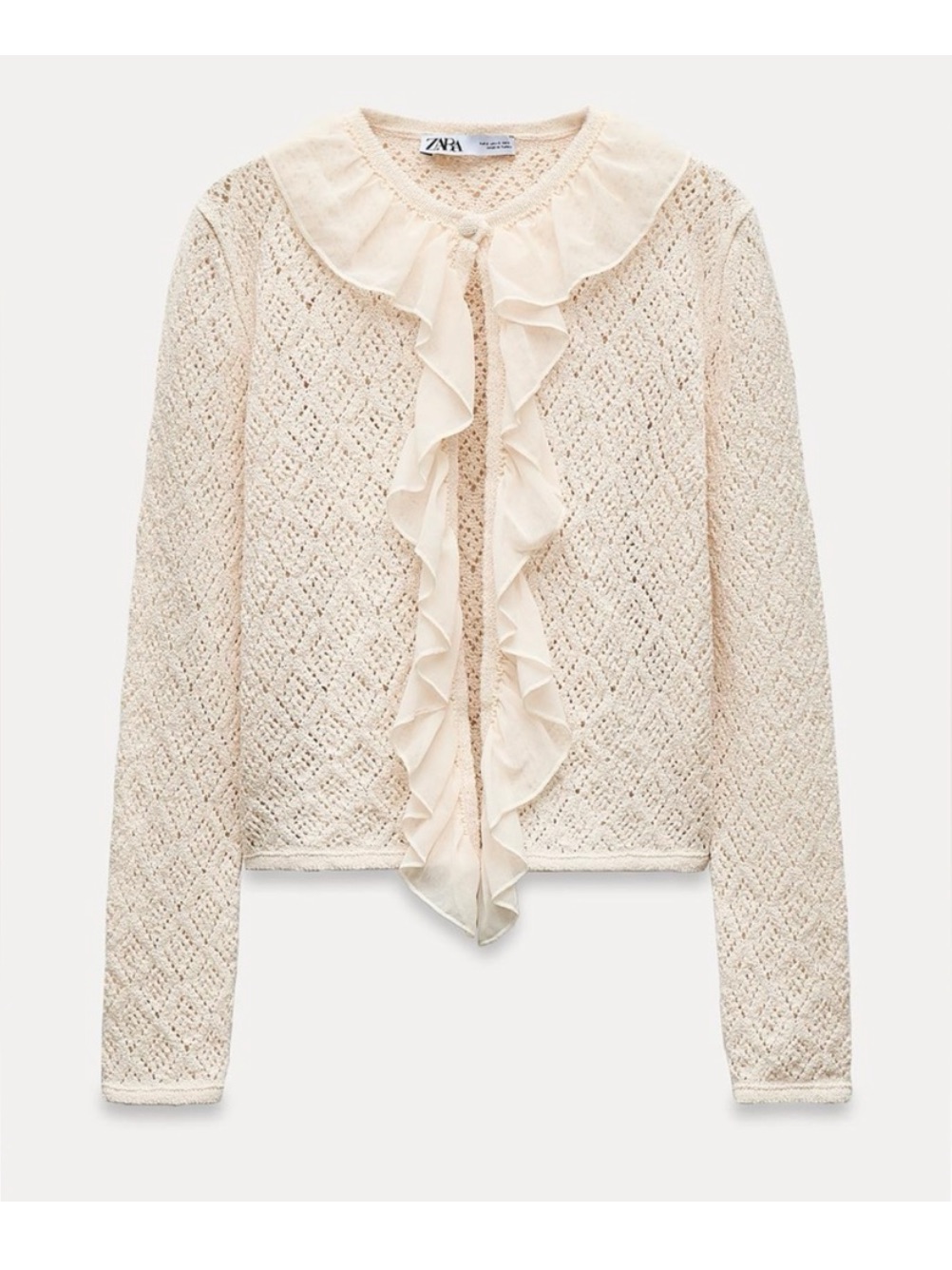 Zara Cream Ruffle-Front Knit Cardigan